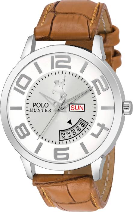 POLO HUNTER 1134- Brown Day and Date Strap Watch -...