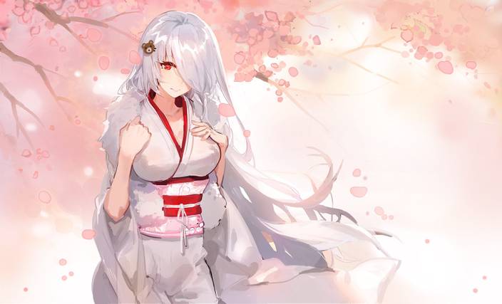 Athah Anime Original Girl Long Hair White Hair Red Eyes Smile Sakura