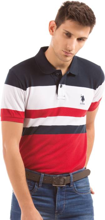 U.S. Polo Assn Striped Men's Polo Neck Blue T-Shirt