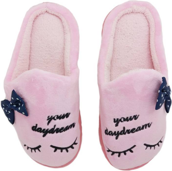 miscreef pink bow warm winter, furry, bedroom slippers