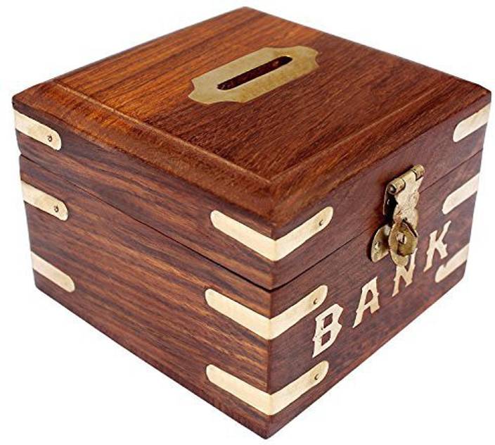 Indian Glance Wooden Carving Safe Coin Bank Money Saving Box