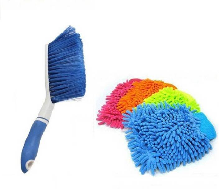 Mega Star Multi User Cleaning Brush Duster With Hard And Long Bristles For Car Seat Carpet Mats 4 Pcs Hand Gloves Microfiber Wipes