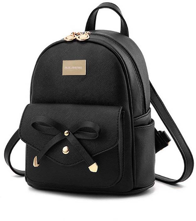 Alice Tie Black Leather Backpack School Bag Student Women Travel 6 L Nursery Play Waterproof