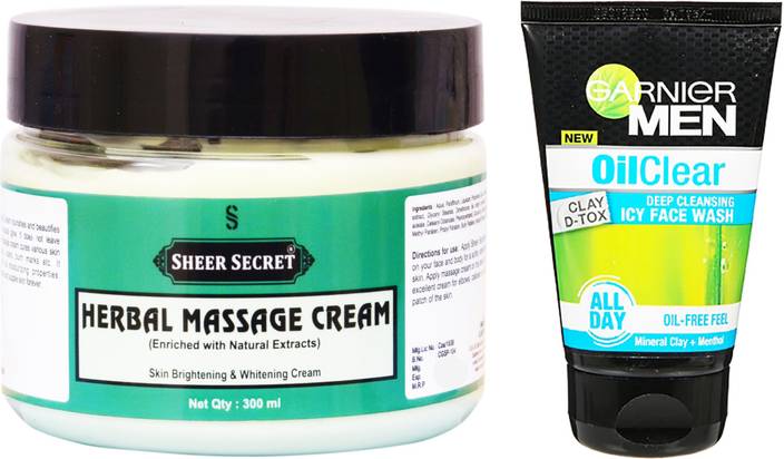 Sheer Secret Herbal Massage Cream 300ml And Garnier Men Oil Clear