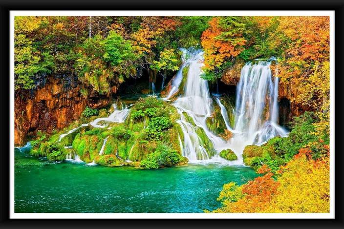 Center Natural Scene Of Water Fall Poster Framed