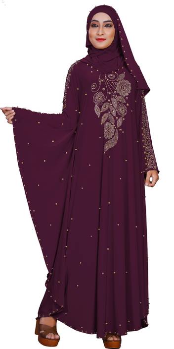 Justkartit Jk5090darkviolet Lycra Self Design Abaya With Hijab