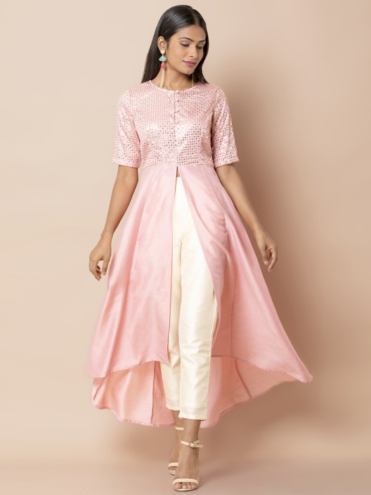 Women Embellished Silk Blend High Low Kurta  (Pink)