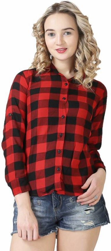 red n black check shirt womens