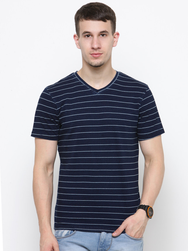 MUNERO Striped Men V-neck Dark Blue 