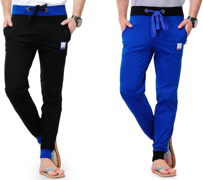 black and royal blue track pants