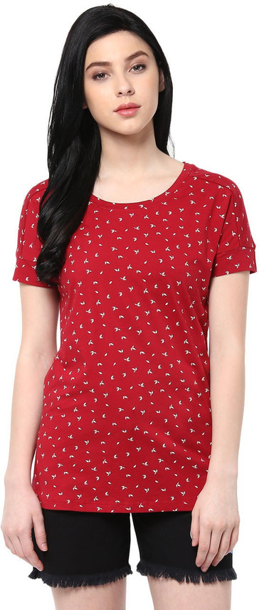 Pantaloons Printed Women Round Neck Red 