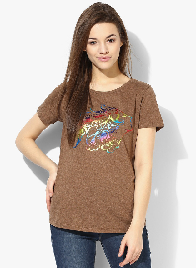 Solid Women Round Neck Brown T-Shirt 