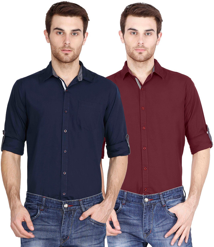maroon shirt blue jeans