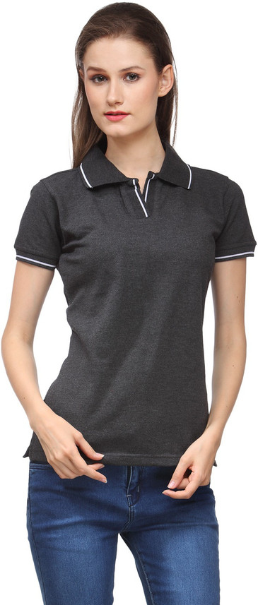 Solid Women Polo Neck Grey T-Shirt 