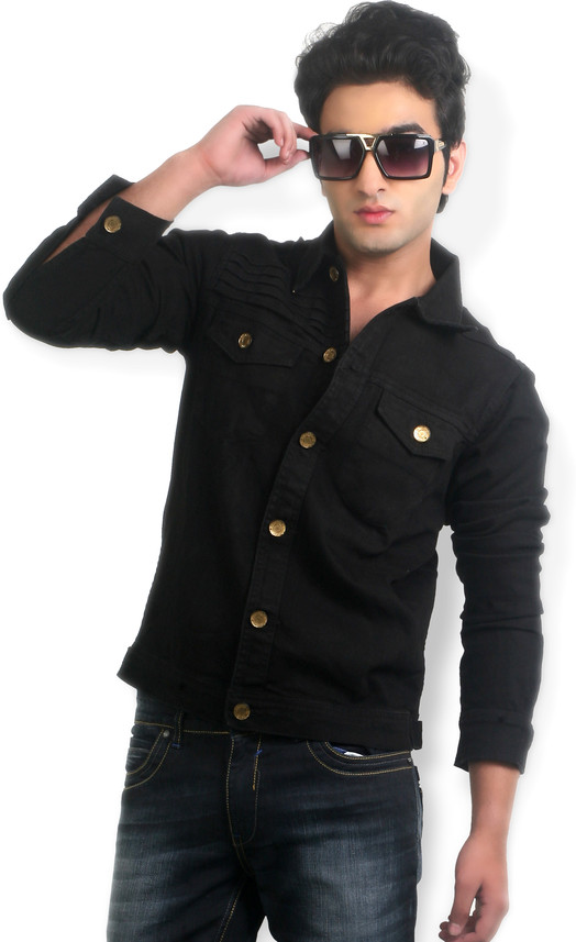 Sleeve Solid Men Polo Neck Denim Jacket 