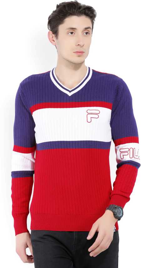 Fila Striped V Neck Casual Men Red White Blue Sweater Buy Fmu