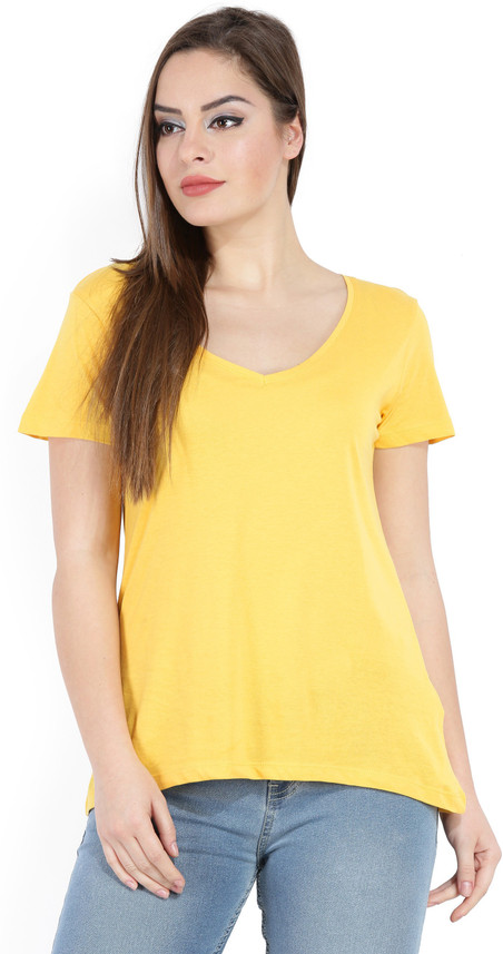 ONLY Solid Women V-neck Yellow T-Shirt 