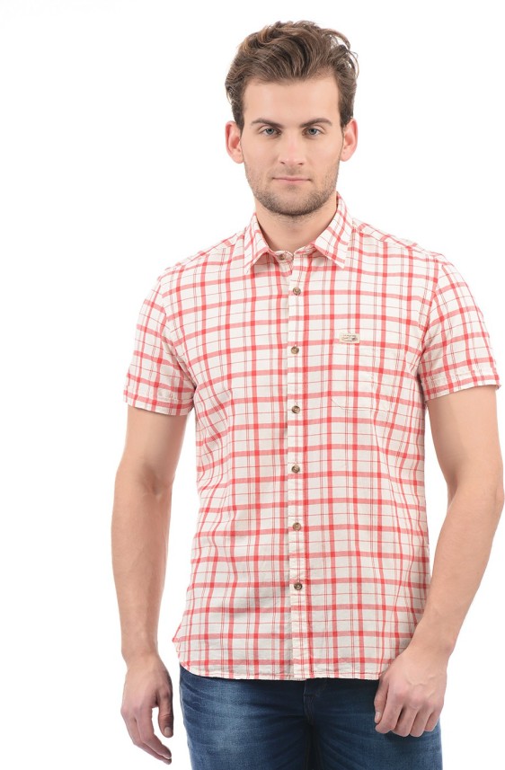 red and white checkered polo shirt