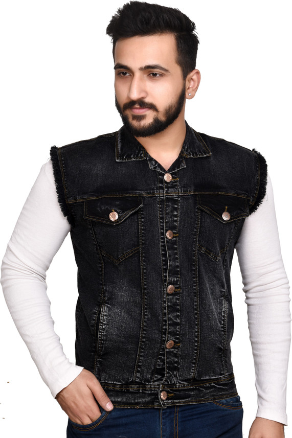 Half Sleeve Solid Men Denim Jacket 