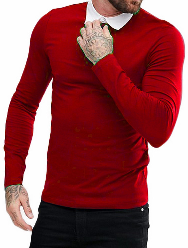 red t shirt with white collar