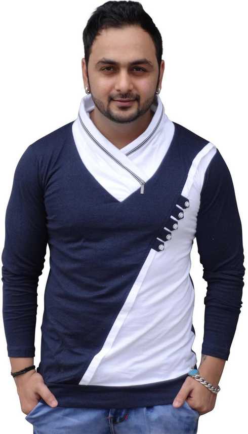 Black Collection Color Block Men Asymmetric Blue White T Shirt