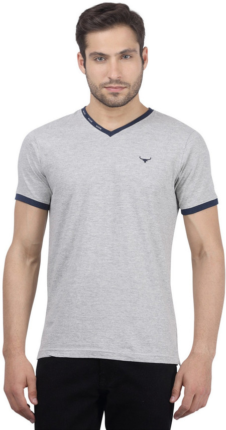 BUFFALO Solid Men V-Neck Grey T-Shirt 