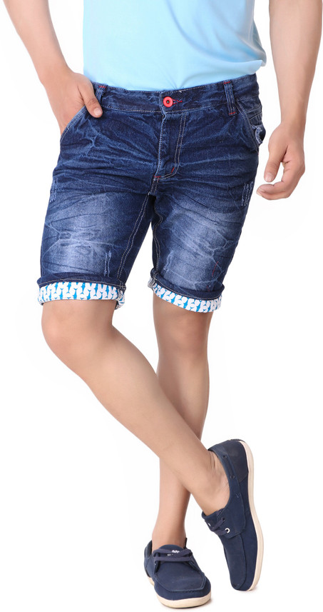 Plus91 Printed Men Blue Denim Shorts 