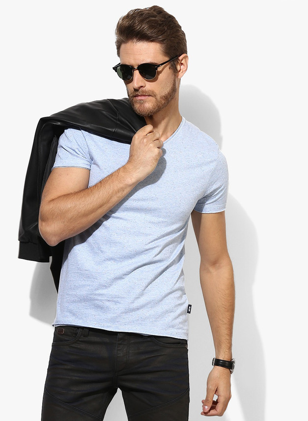JONES Solid Men V-Neck Blue T-Shirt 
