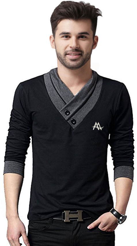 Men Peter Pan Collar Black T-Shirt 