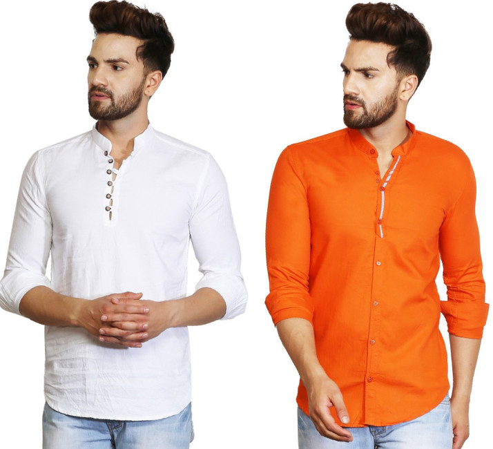 Men Solid Casual White, Orange Shirt 