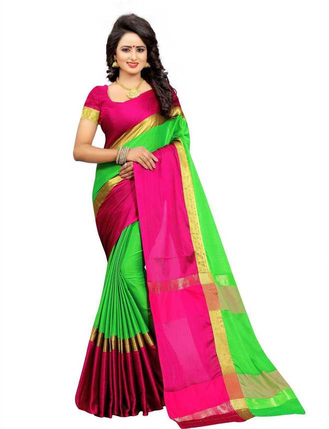 Buy Red Lady Striped Fashion Cotton Blend Green Sarees Online Best Price In India Flipkart Com