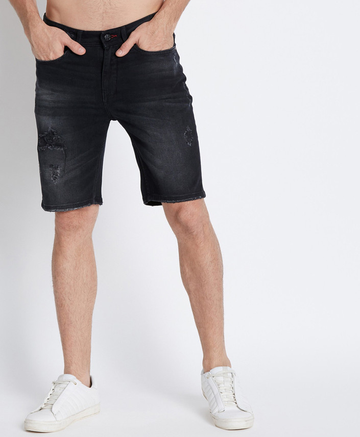 fbb Self Design Men Black Denim Shorts 