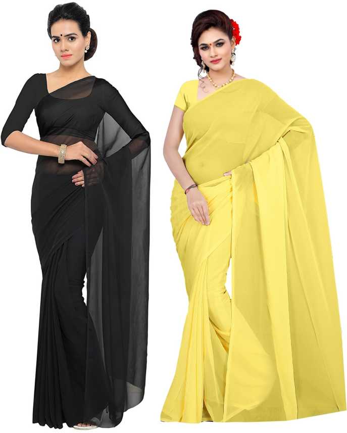 Buy Sidhidata Solid Daily Wear Poly Georgette Black Yellow Sarees