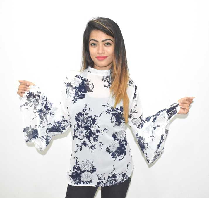 Tagin Casual Bell Sleeve Floral Print Women Dark Blue White Top