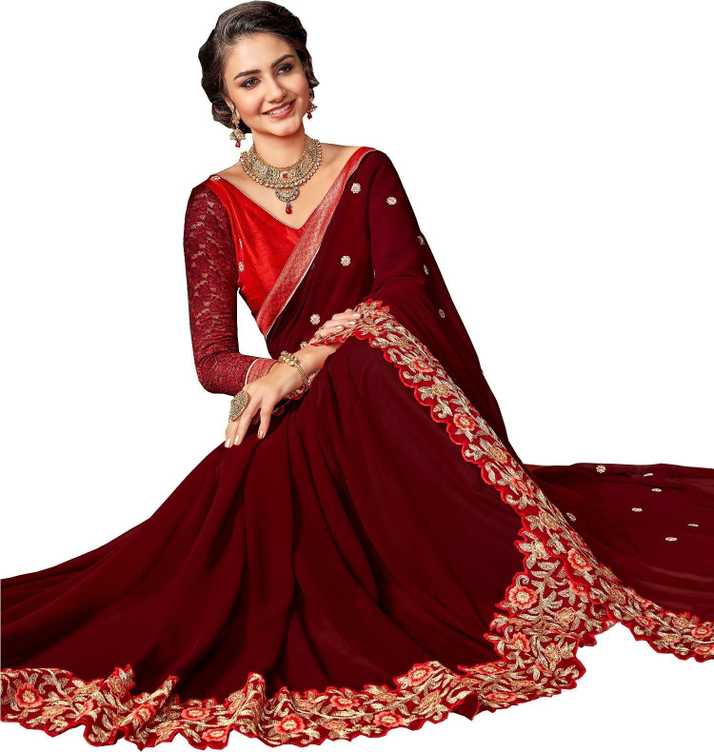 Buy Nirjas Designer Embroidered Bollywood Poly Georgette Brown Sarees Online Best Price In India Flipkart Com