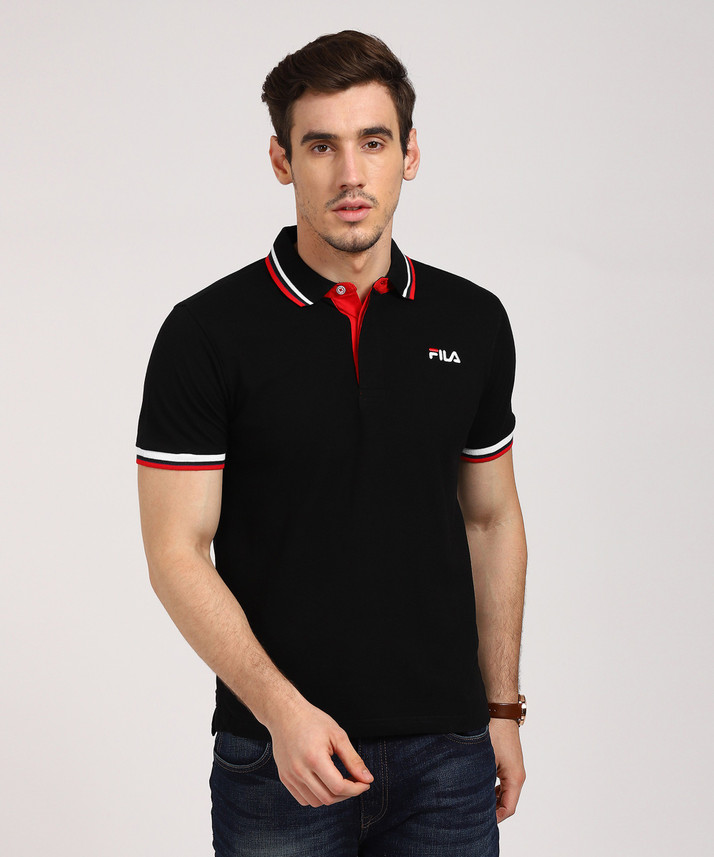 FILA Solid Men Polo Neck Black T-Shirt 