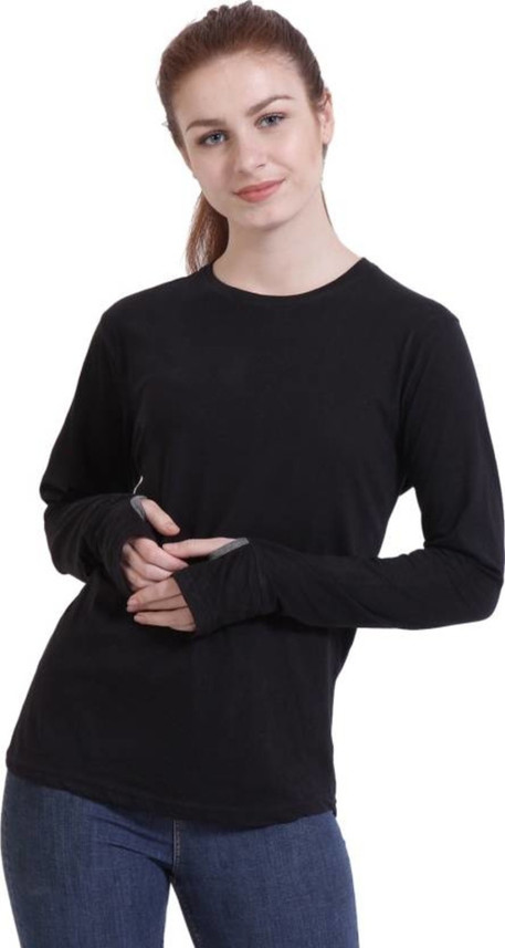 Solid Women Round Neck Black T-Shirt 
