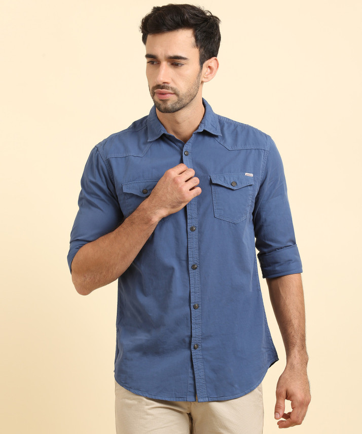 JONES Men Solid Casual Blue Shirt 