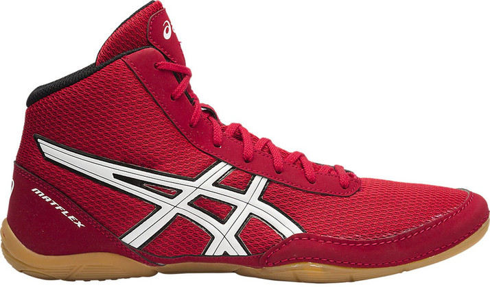 red and black asics wrestling shoes