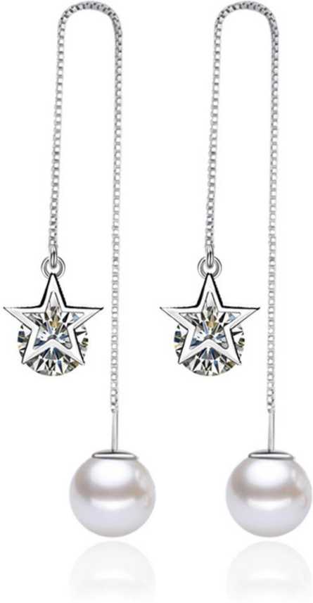 sterling silver pearl earrings drop dangle White Gold plate dazzling belt