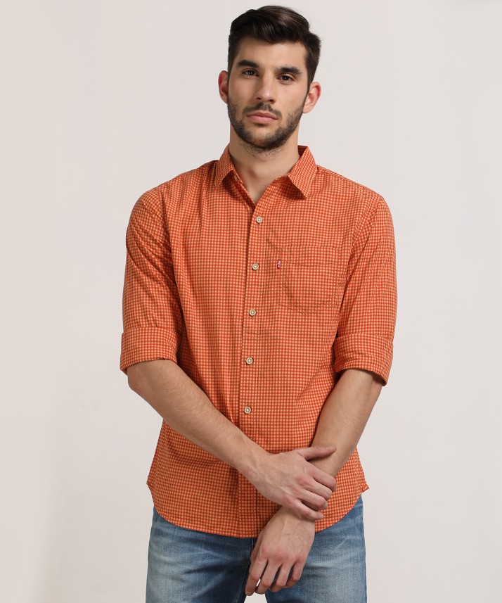 Men Checkered Casual Orange Shirt 