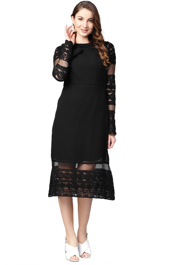 ATHENA Women Fit and Flare Black Dress 