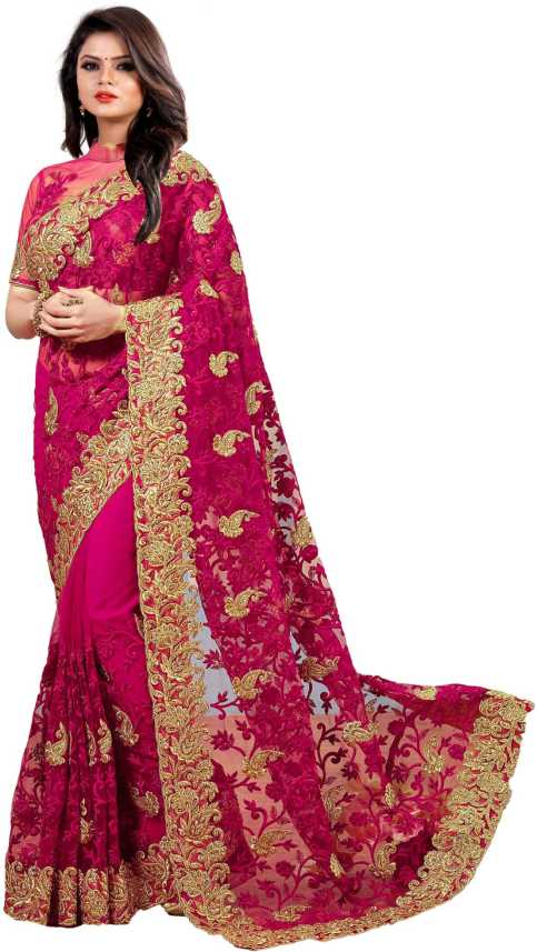 Buy Nirjas Designer Embroidered Bollywood Cotton Blend Pink Sarees Online Best Price In India Flipkart Com