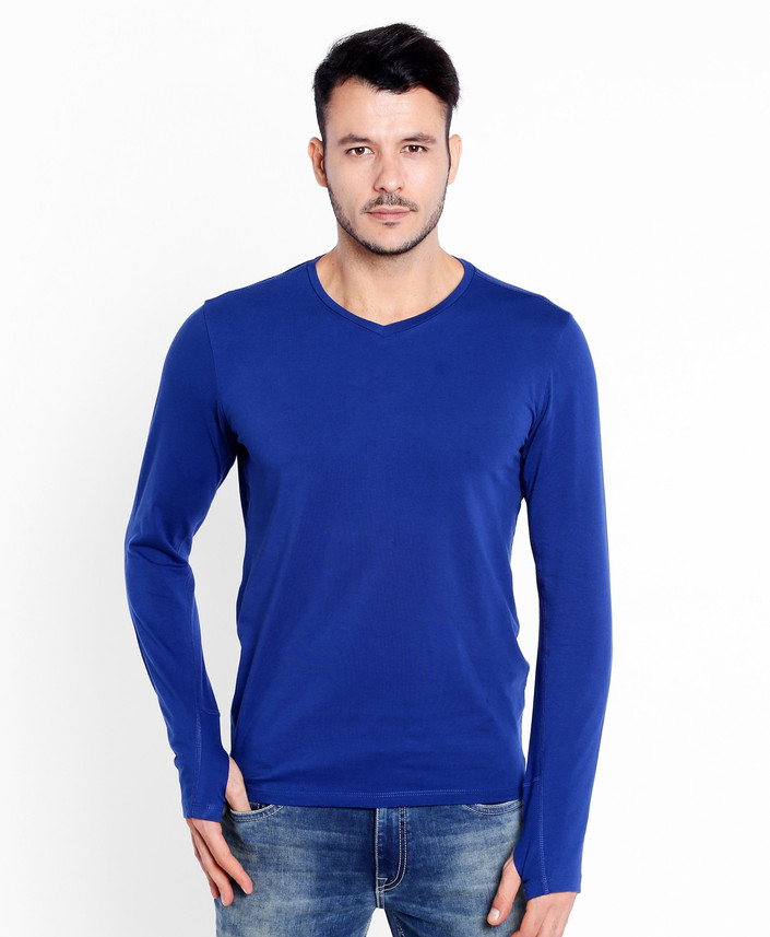 SPUNK Solid Men V-Neck Blue T-Shirt 