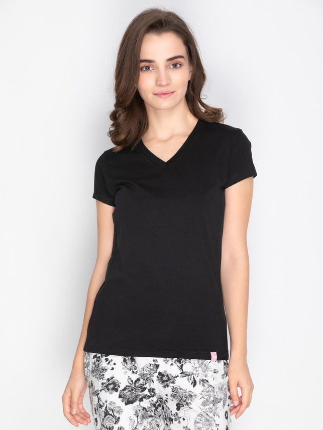 Lyra Solid Women V-neck Black T-Shirt 