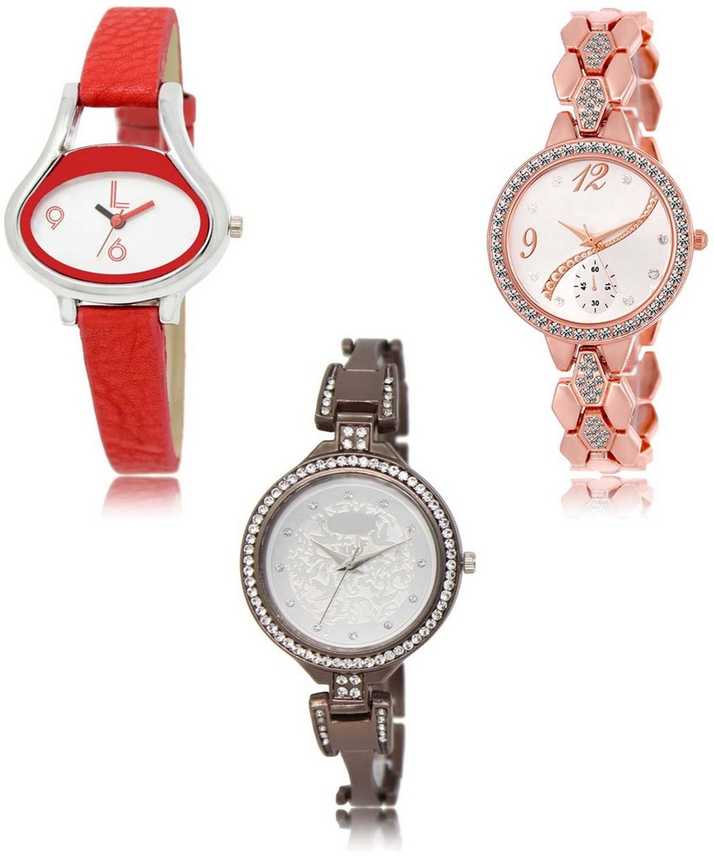 Nikola Modern Analogue Red Rose Gold Maroon Color 3 Watch Combo Gl206 Gl215 Gl236 For Girls And Women New Unique Combo Analog Watch For Girls Buy Nikola Modern Analogue Red Rose Gold