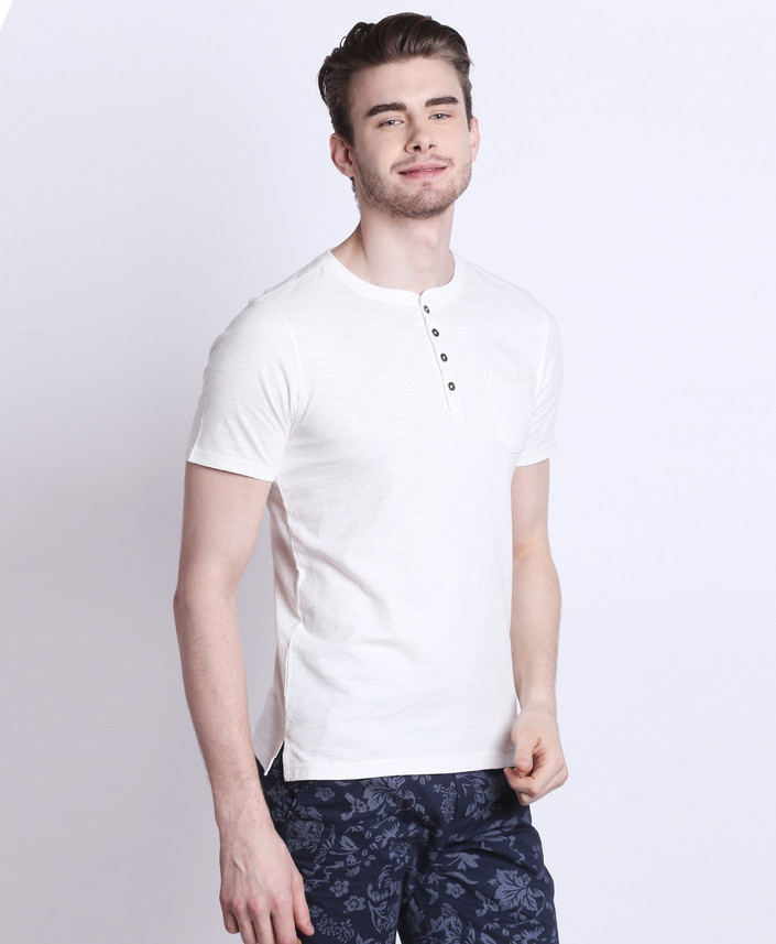 BUFFALO Solid Men Henley White T-Shirt 