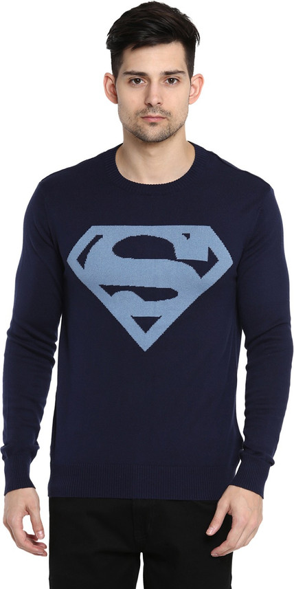 Round Neck Casual Men Dark Blue Sweater 