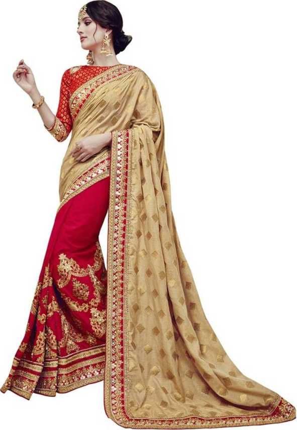 Buy Lajree Designer Embroidered Bollywood Poly Silk Red Beige Sarees Online Best Price In India Flipkart Com