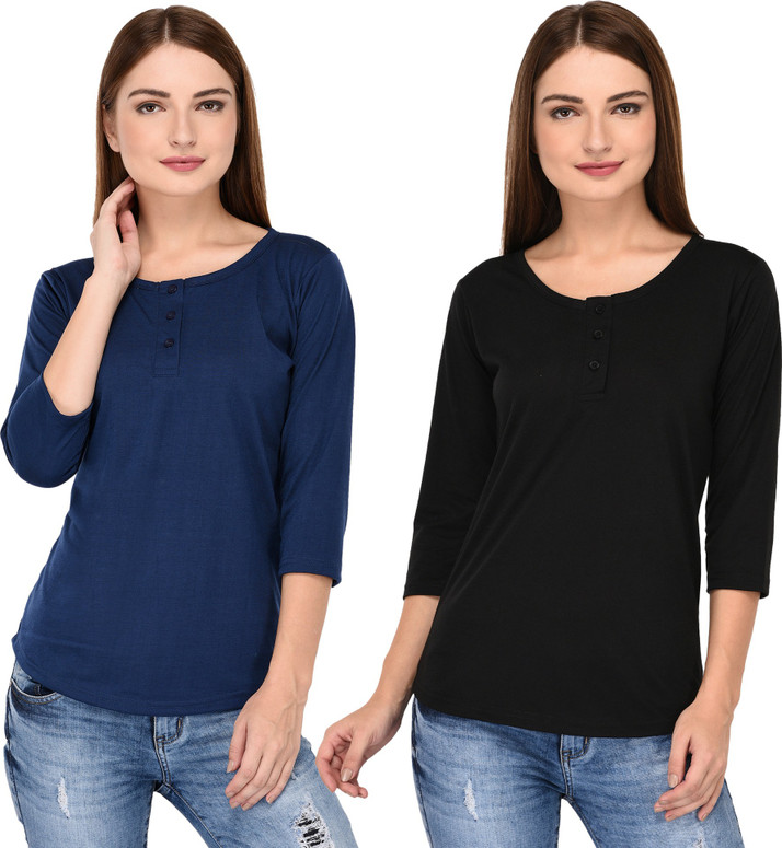 Tivy Solid Women Round Neck Blue, Black 